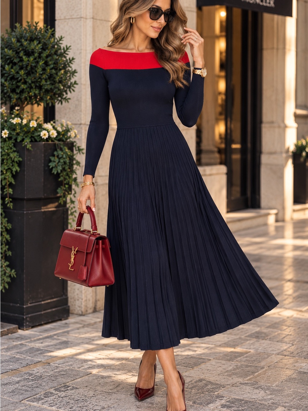 Ralph Lauren Navy Maxi Dress with Red Shoulder Panel